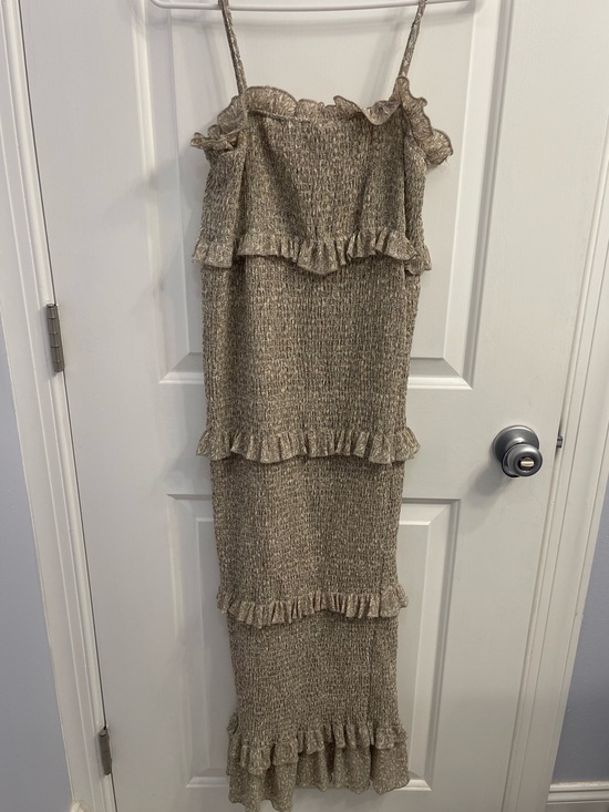 Mable Dresses & Skirts - Smocked Tiered Midi Dress in Tan with Ruffle Accents